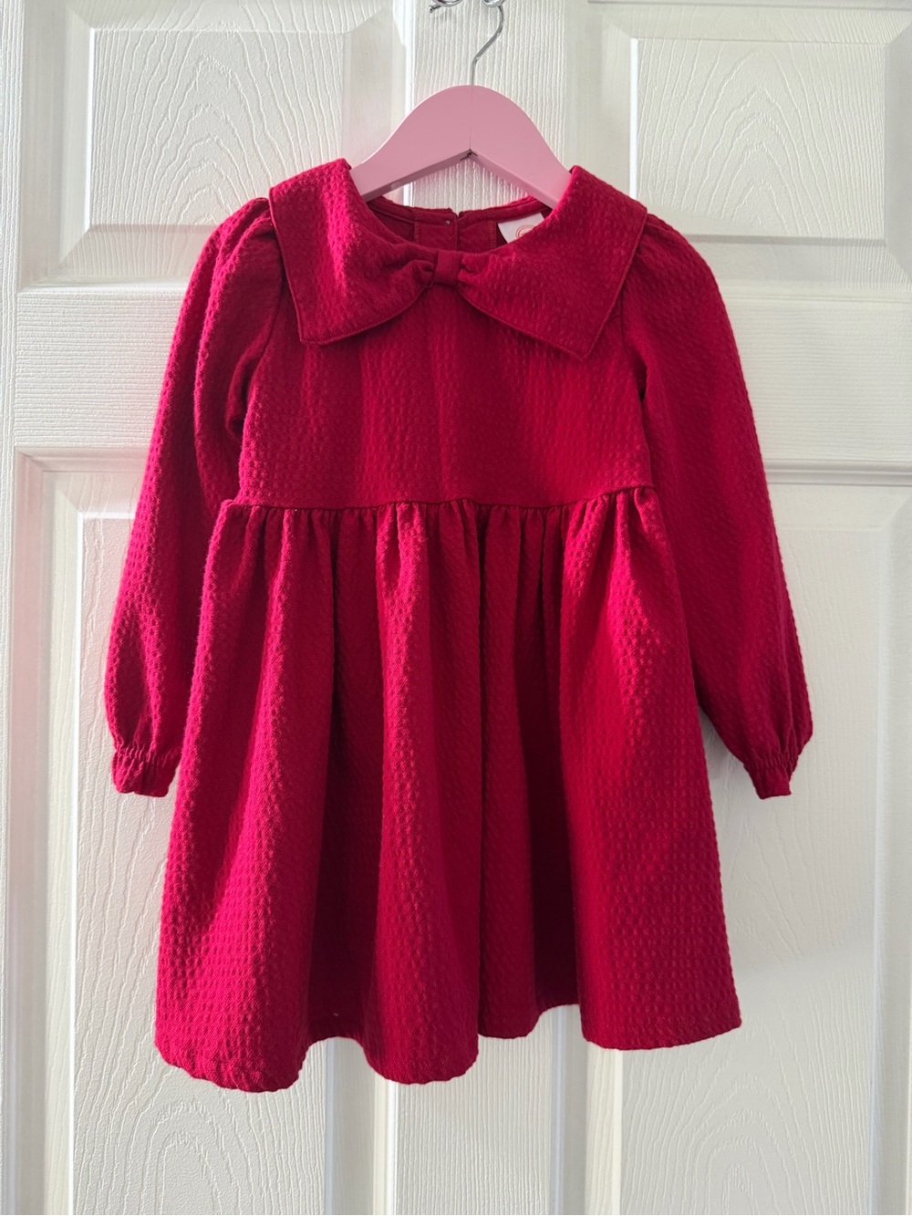 Wonder nation Red Textured Long-Sleeve Dress with Peter Pan Collar